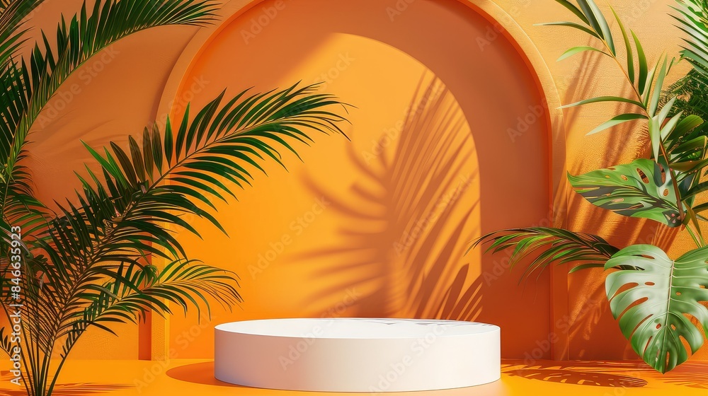A mpty podium for product placement with palm leaves on orange background. A mpty podium for product placement with palm leaves on orange background.