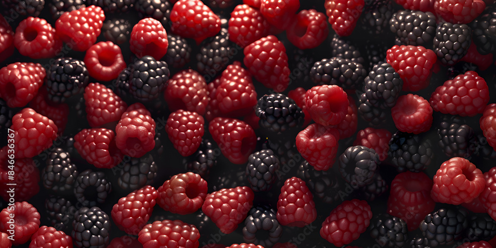 A mix of fresh raspberries and blackberries in a colorful pile A mix of fresh raspberries and blackberries in a colorful pile