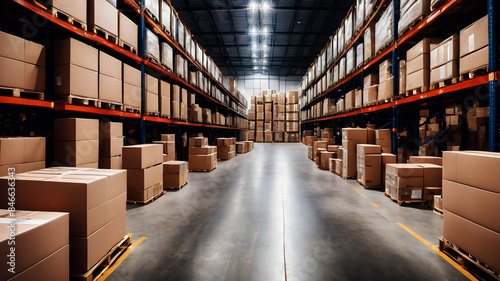 A spacious, well-lit warehouse filled with neatly stacked cardboard boxes of various sizes. Pallets, forklifts, and labels are visible, highlighting the efficiency and orderliness of the storage area.