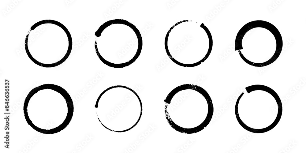 Hand drawn circle brush stroke stamp frame vector set. Round rough borders. Abstract circular logo icon design element. Round doodle grainy chalk painting Hand drawn circle brush stroke stamp frame vector set. Round rough borders. Abstract circular logo icon design element. Round doodle grainy chalk painting