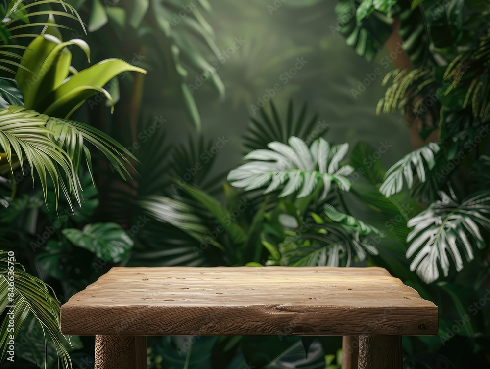 The lush green foliage of a tropical rainforest provides the backdrop for a wooden table, inviting viewers to place their products or ideas in the spotlight. The lush green foliage of a tropical rainforest provides the backdrop for a wooden table, inviting viewers to place their products or ideas in the spotlight.