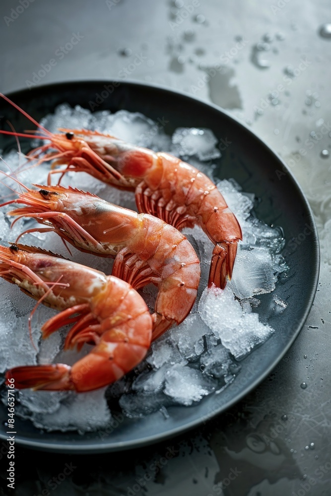Fresh raw prawns on ice in a stylish black plate on a dark background for gourmet food lovers Fresh raw prawns on ice in a stylish black plate on a dark background for gourmet food lovers