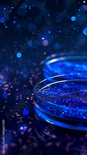 Stunning blue glitter in laboratory petri dishes