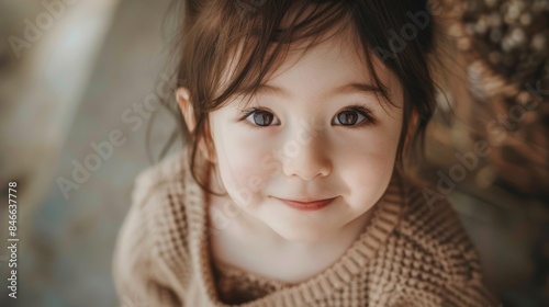 A close up of a little girl smiling and looking at the camera, AI