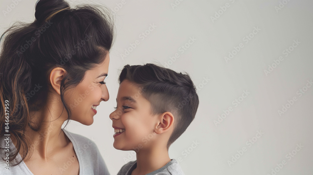 40 year old Latin mother standing to the side looking and smiling at her 7 year old Latin boy son, optimistic faces, in a large space with white background, optimistic faces, photo style 40 year old Latin mother standing to the side looking and smiling at her 7 year old Latin boy son, optimistic faces, in a large space with white background, optimistic faces, photo style