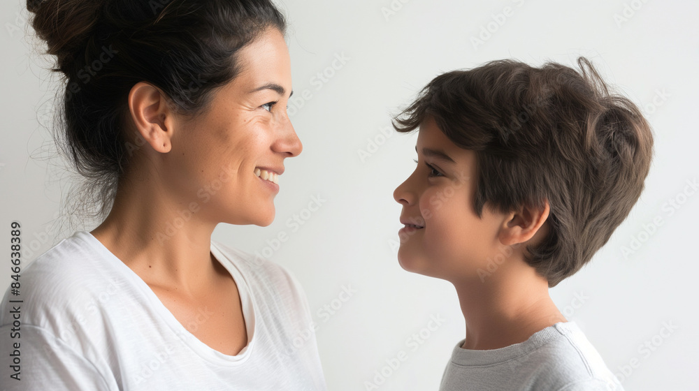 40 year old Latin mother standing to the side looking and smiling at her 7 year old Latin boy son, optimistic faces, in a large space with white background, optimistic faces, photo style 40 year old Latin mother standing to the side looking and smiling at her 7 year old Latin boy son, optimistic faces, in a large space with white background, optimistic faces, photo style