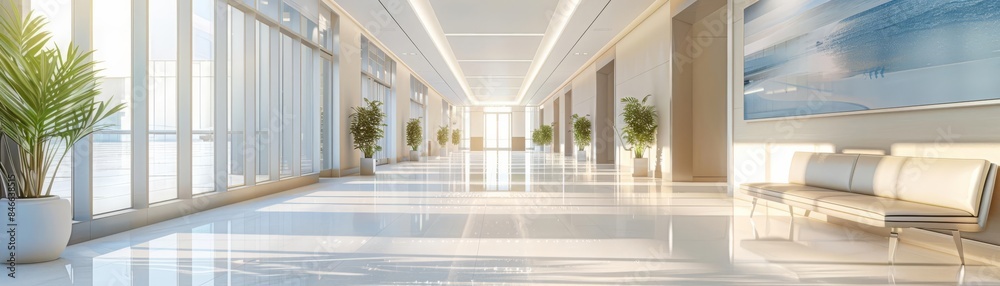 Fototapeta premium Bright and airy hospital corridor, with clean lines and soft natural lighting, evoking a sense of tranquility and care