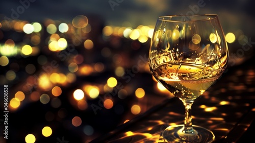Romantic evening with sparkling wine glass against city lights backdrop