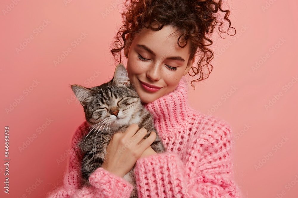 Smiling woman in pink sweater holding and cuddling a relaxed tabby cat against a pastel pink background. Influencer and Petfluencer.