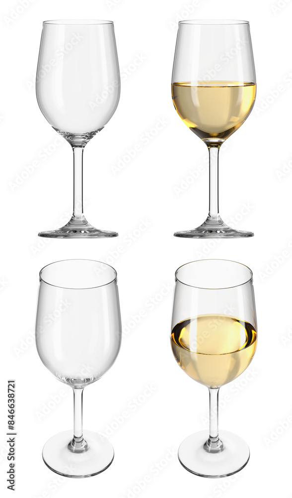 Glass with white wine on isolated transparent background. Set of empty glasses and with drink in different angles. Bar theme. 3d rendering. Glass with white wine on isolated transparent background. Set of empty glasses and with drink in different angles. Bar theme. 3d rendering.