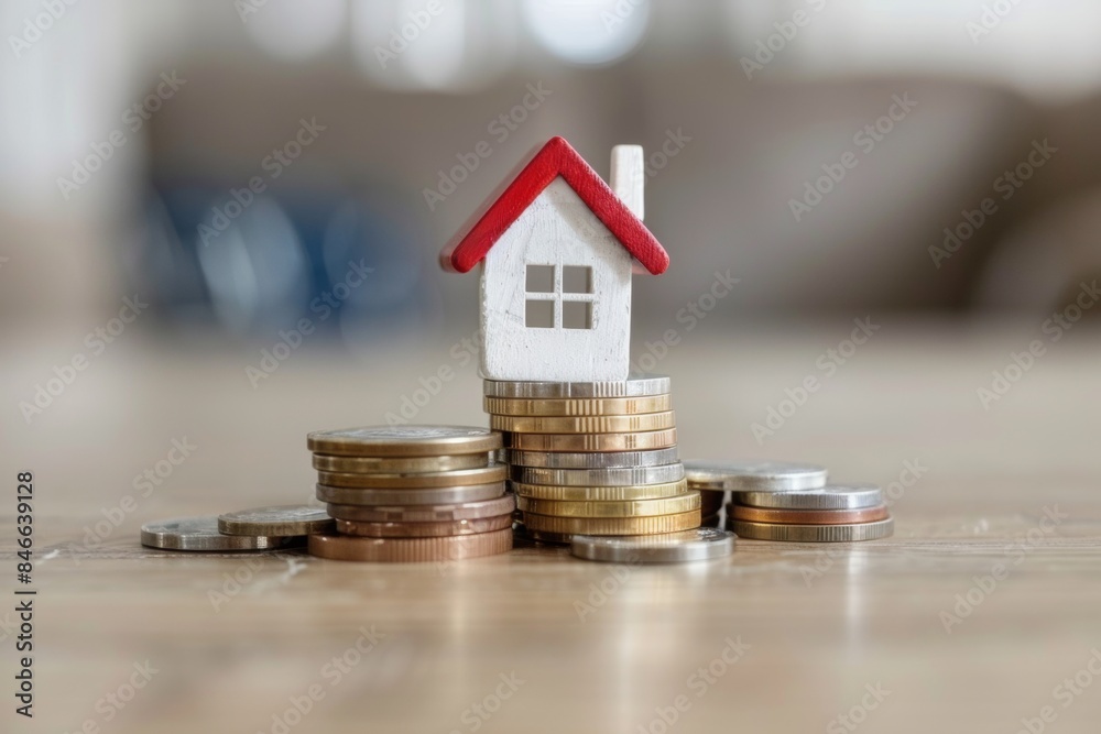 Small house model atop rising stacks of coins on wooden surface Small house model atop rising stacks of coins on wooden surface