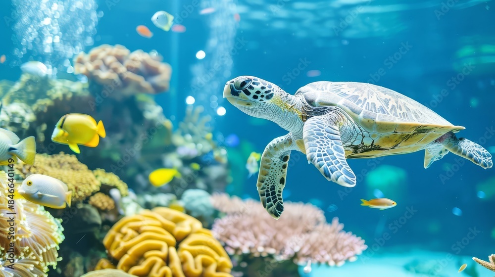 Fototapeta premium Oceanic Adventure: A scuba diver exploring a colorful coral reef, with various fish and marine creatures, and copy space beside the diver The wonders of nature, animals and ecosyst