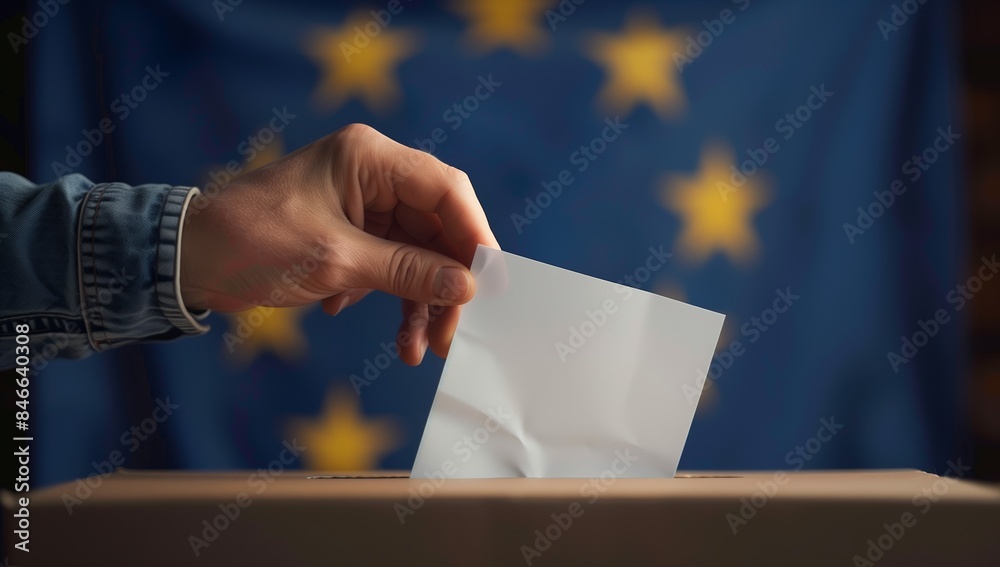 Voter Casting Ballot with European Union Flag, Democracy and Participation Voter Casting Ballot with European Union Flag, Democracy and Participation