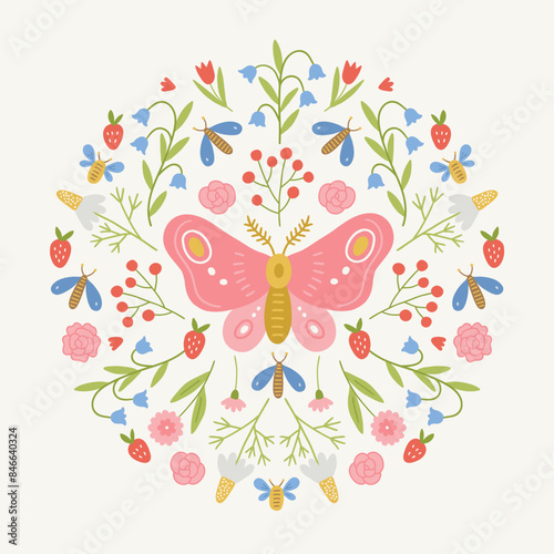 Floral greeting card with butterfly, berries, flowers, bees, strawberries, chamomile