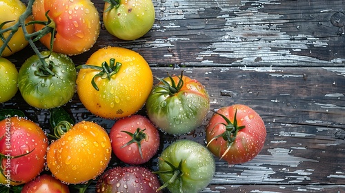 An assortment of colorful heirloom tomatoes  still on the vine  with water droplets clinging to their skin  on a weathered wooden table. 