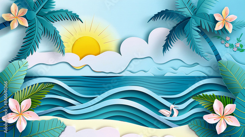 Paper cut tropical beach with blue wavy ocean and palm trees, flowers at sunset. Summer vacation concept. Banner design. Copy space.