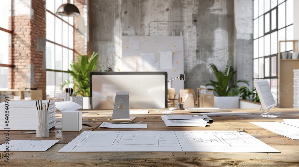 Modern Architect's Workspace Business Cards Models and Blueprints in Urban Office Setting Modern Architect's Workspace Business Cards Models and Blueprints in Urban Office Setting
