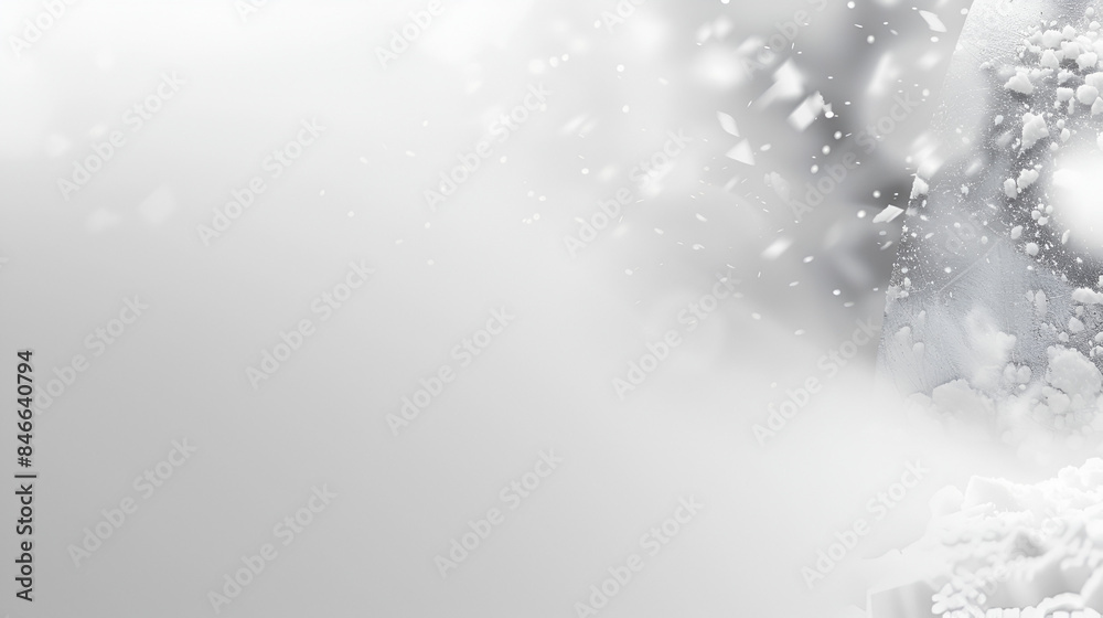 White background with falling snowflakes, white and gray color scheme, blurred edges in the foreground and an abstract shape in one corner White background with falling snowflakes, white and gray color scheme, blurred edges in the foreground and an abstract shape in one corner