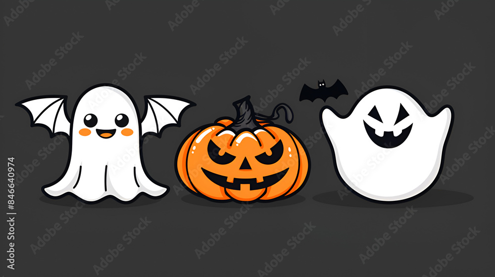 Halloween orange pumpkin, ghosts and bat on a dark gray background. Creative Halloween holiday banner design. Halloween orange pumpkin, ghosts and bat on a dark gray background. Creative Halloween holiday banner design.