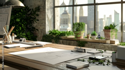 Urban Oasis Architect's Desk with Cityscape Sketches Greenery Models and Drafting Tools Creative Urban Landscape Design Concept