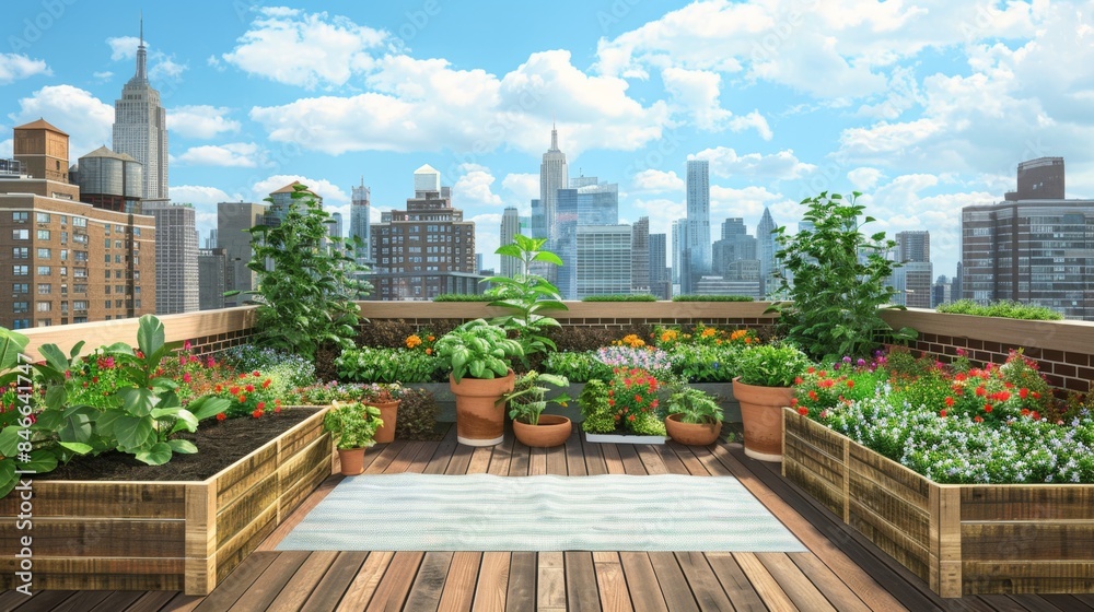 Fototapeta premium City Oasis Urban Rooftop Farm with Business Cards Herbs and Skyline Views