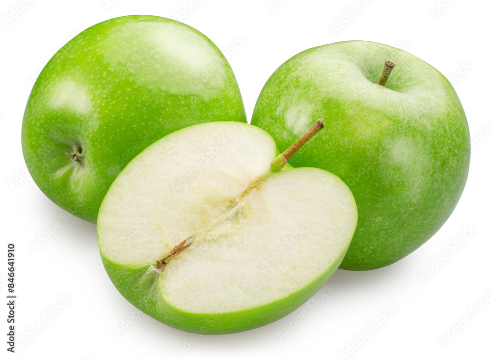 Two green apples and half of green apple on white background. File contains clipping path. Two green apples and half of green apple on white background. File contains clipping path.