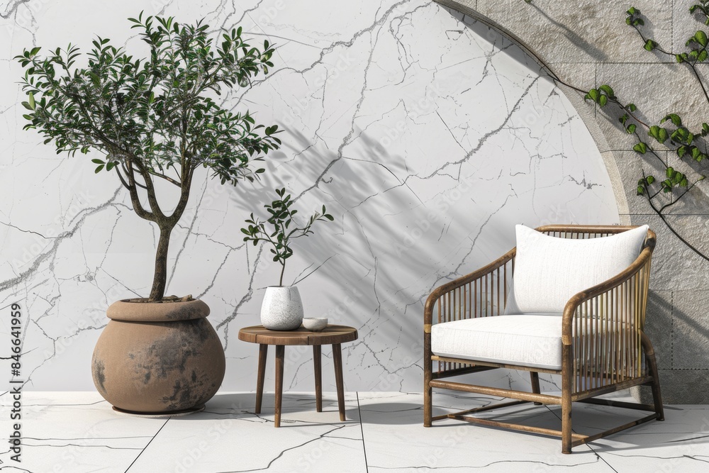 Serene interior with olive tree and modern armchair by marble wall Serene interior with olive tree and modern armchair by marble wall