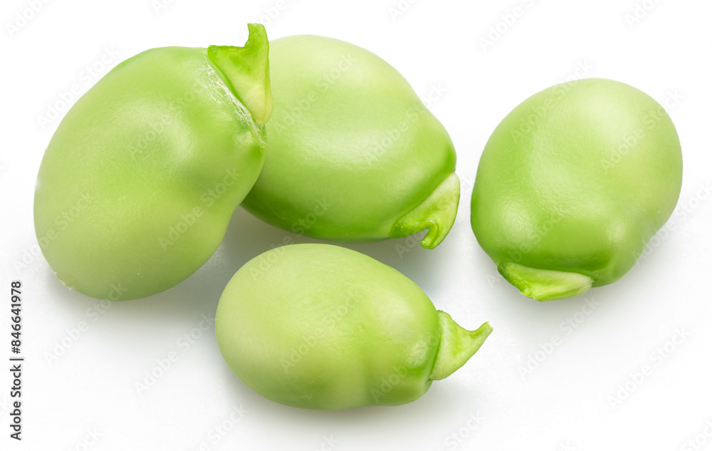 Several green young broad beans isolated on white background. Several green young broad beans isolated on white background.