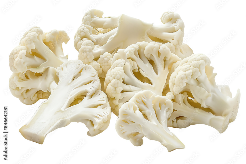 Fresh cauliflower florets on a white background. Ideal for healthy diet, cooking ingredient, vegetable, and raw food concepts. Fresh cauliflower florets on a white background. Ideal for healthy diet, cooking ingredient, vegetable, and raw food concepts.