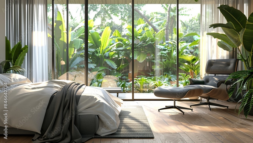 Modern bedroom with lush garden view through large windows. Elegant and cozy design featuring a bed and lounge chair. Ideal for home decor and design inspiration. AI. Modern bedroom with lush garden view through large windows. Elegant and cozy design featuring a bed and lounge chair. Ideal for home decor and design inspiration. AI.