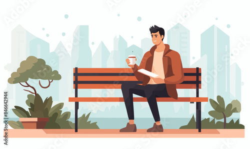 person on bench drinking coffee vector flat isolated illustration