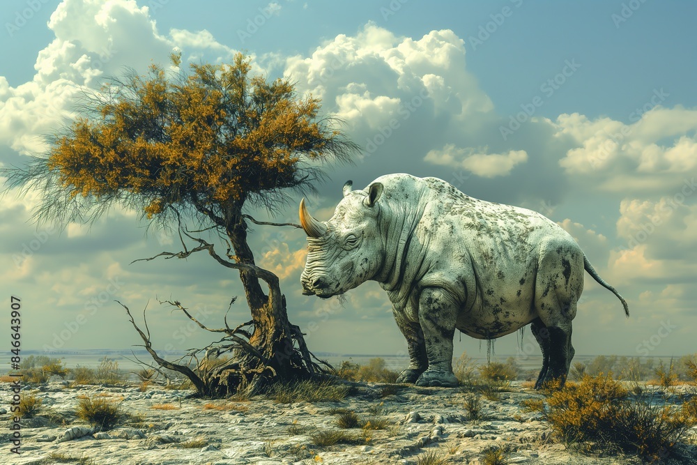 Fototapeta premium A white rhino stands on a thin branch of a withered tree in a dry savannah landscape.