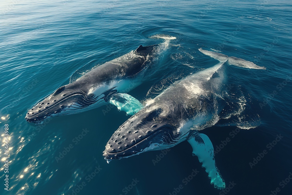 Fototapeta premium An aerial drone shot of a humpback whale and calf sleeping on the surface of the ocean.
