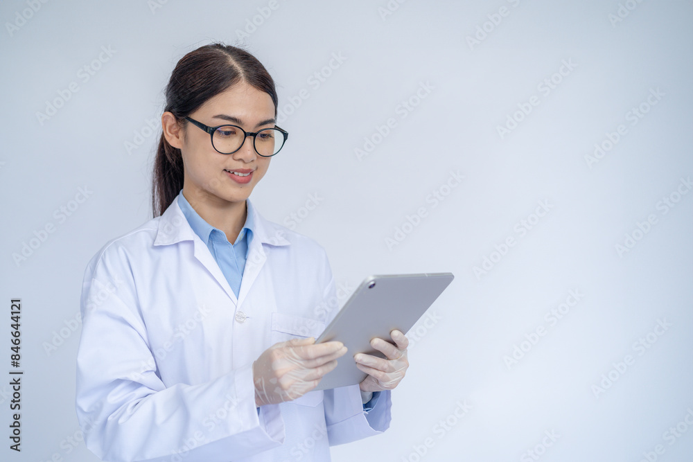 A female scientist on a white background