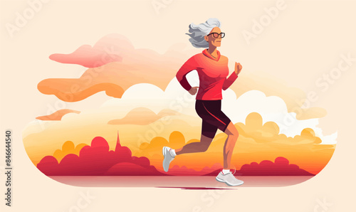 old woman jogging vector flat minimalistic isolated illustration