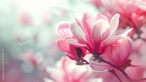 Beautiful pink magnolia flowers in bloom. Captivating close-up of delicate flower petals with soft bokeh background. Perfect for nature, spring, and floral designs in a romantic style. AI