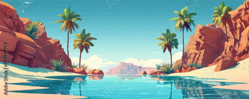 Desert oasis with palm trees and a shimmering pool. Vector flat minimalistic isolated illustration.