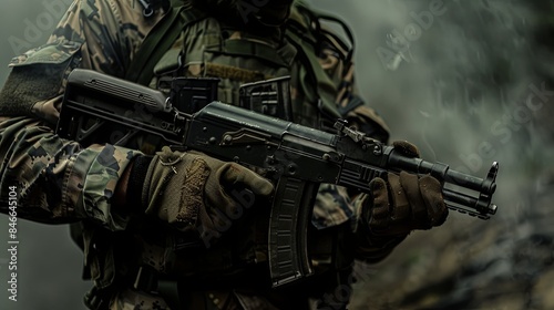 Soldier in Battle, Holding Rifle, Ready to Defend