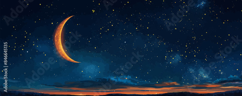 Crescent moon shining over a starry sky. Vector flat minimalistic isolated