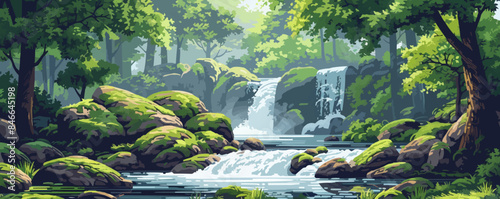 A tranquil woodland glen with a babbling brook and mossy rocks. Vector flat minimalistic isolated illustration.