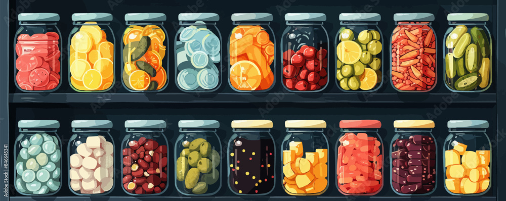 A shelf filled with jars of homemade preserves and pickles. Vector flat minimalistic isolated illustration. A shelf filled with jars of homemade preserves and pickles. Vector flat minimalistic isolated illustration.