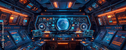 Sci-fi spaceship interior with control panels Vector flat minimalistic isolated