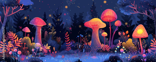 Enchanted forest with whimsical creatures and glowing plants Vector flat minimalistic isolated