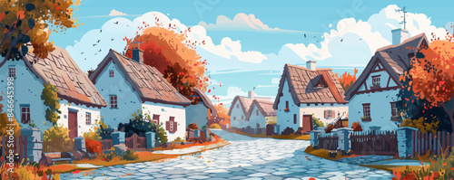 A tranquil countryside village with thatched-roof cottages and a cobblestone square. Vector flat minimalistic isolated