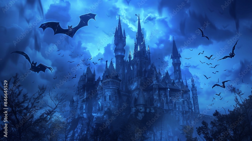 Gothic Castle with Flying Bats at Night, Generative AI Gothic Castle with Flying Bats at Night, Generative AI