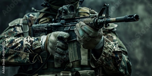 Soldier in Battle, Holding Rifle, Ready to Defend