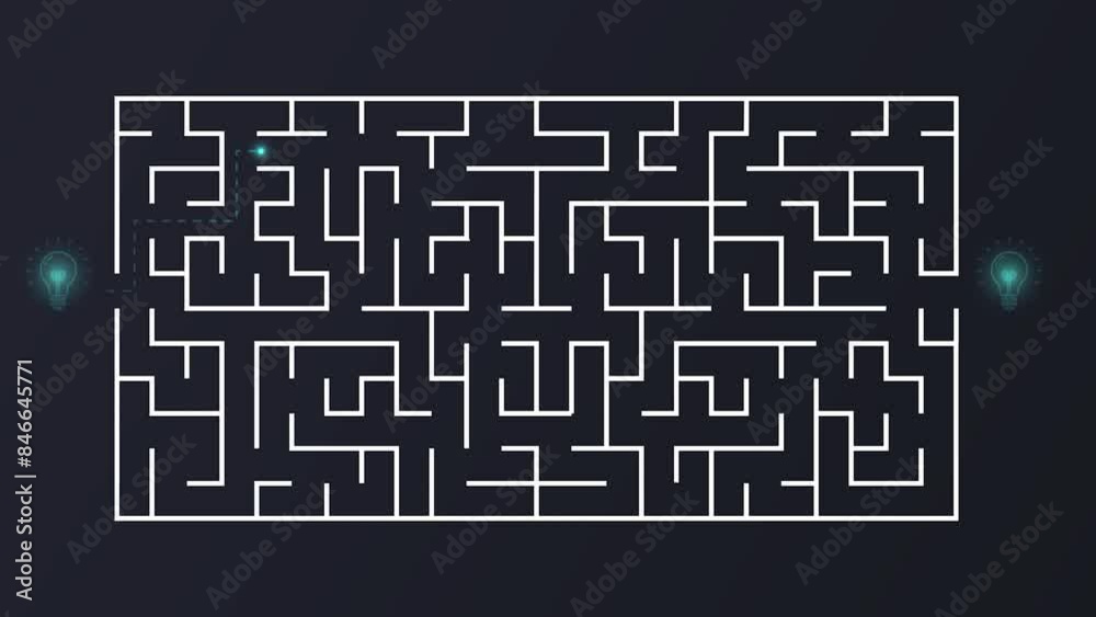 Labyrinth idea concept. Moving banner with maze with light bulbs. Creative path to solution. Metaphor of business project. Brainstorming and insight. Cartoon flat animated graphics