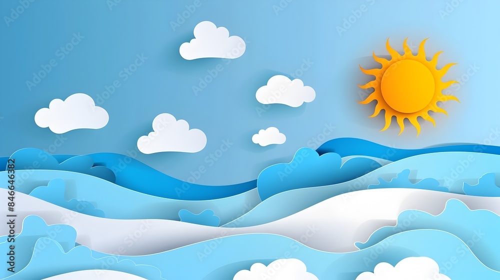 Minimal Papercut Style of Bright Sky with Sun and Ozone Layer Graphic Minimal Papercut Style of Bright Sky with Sun and Ozone Layer Graphic