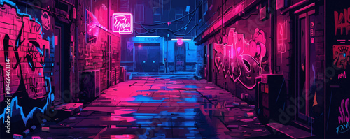 Cyberpunk alleyway with graffiti and neon signs Vector flat minimalistic isolated