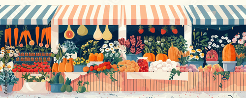 A colorful farmers' market with stalls overflowing with fresh produce and flowers. Vector flat minimalistic isolated